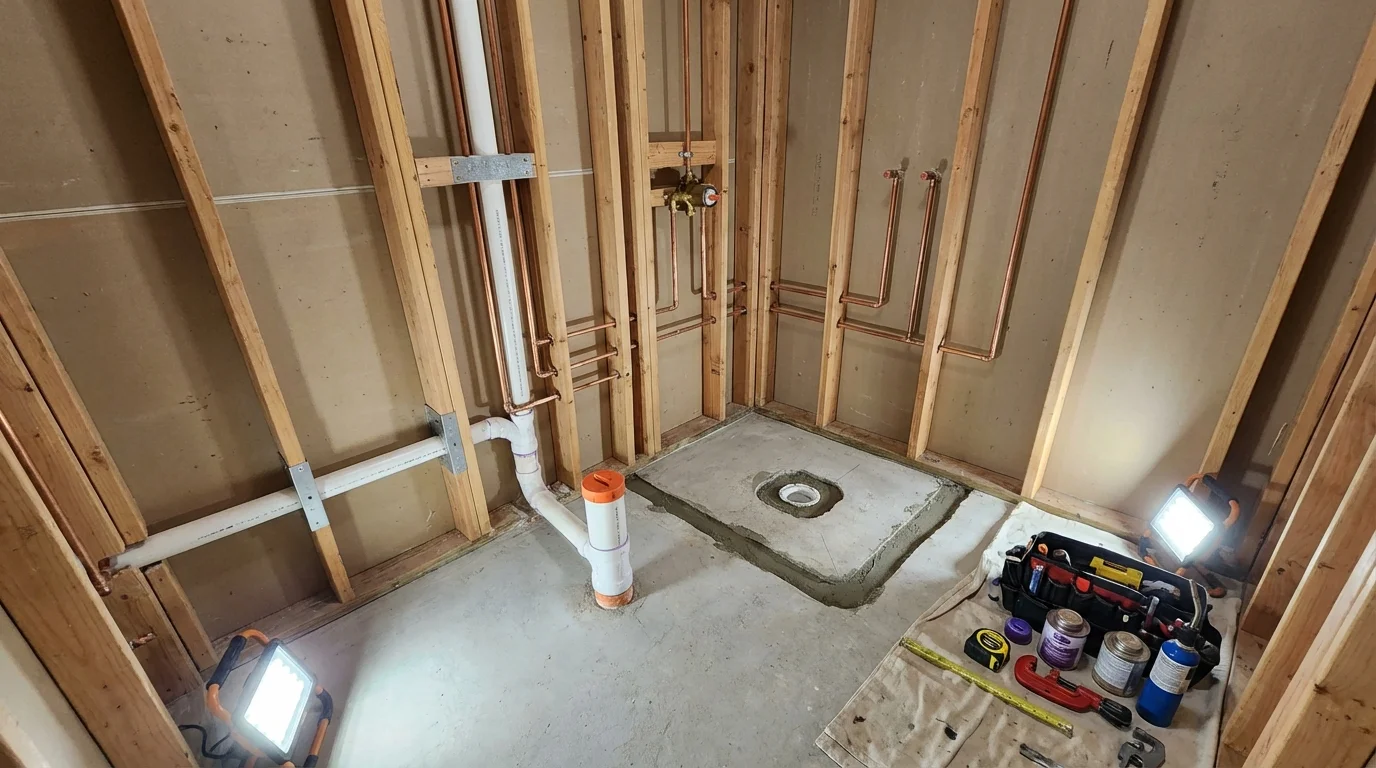 Bathroom rough-in plumbing during remodel by Johns Plumbing LLC in Cedartown