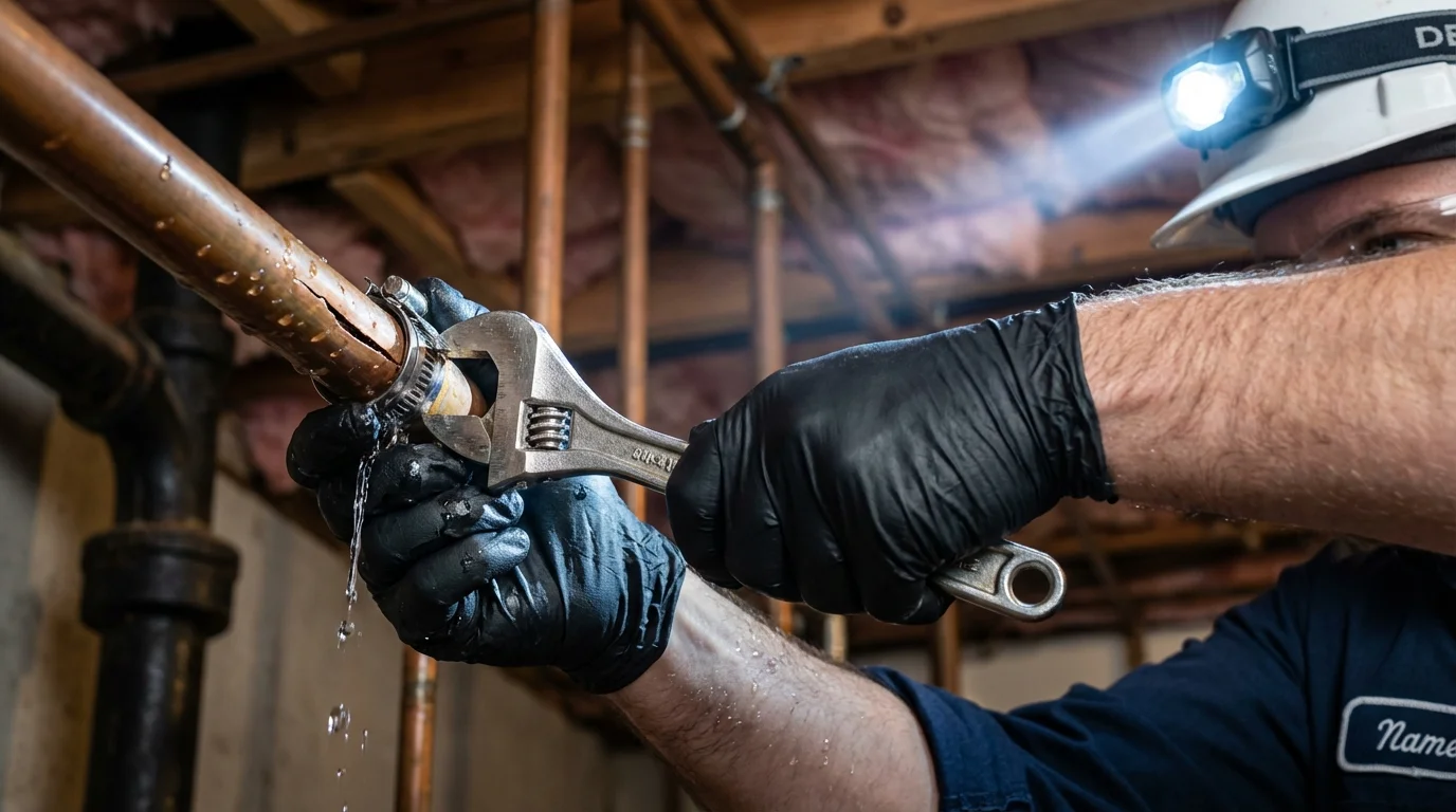 Emergency pipe clamp repair being performed by a Johns Plumbing LLC plumber in Cedartown