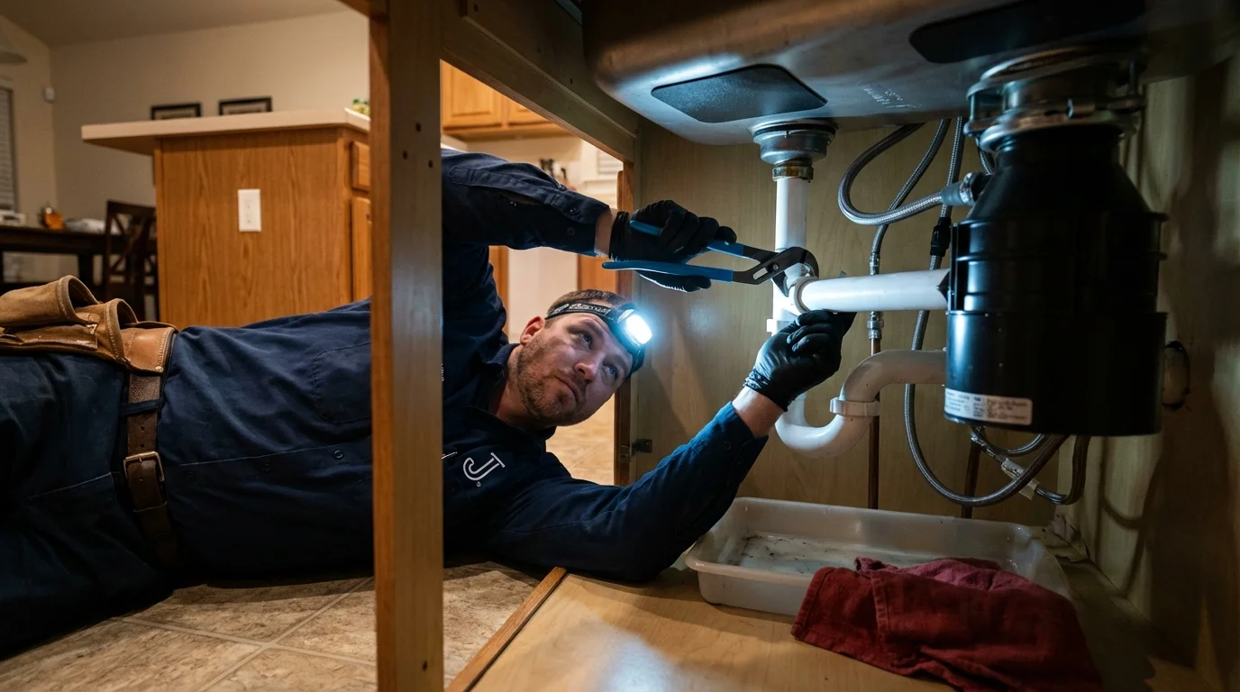 P-trap and supply line connections under a kitchen sink showing a common leak point in Cedartown, GA